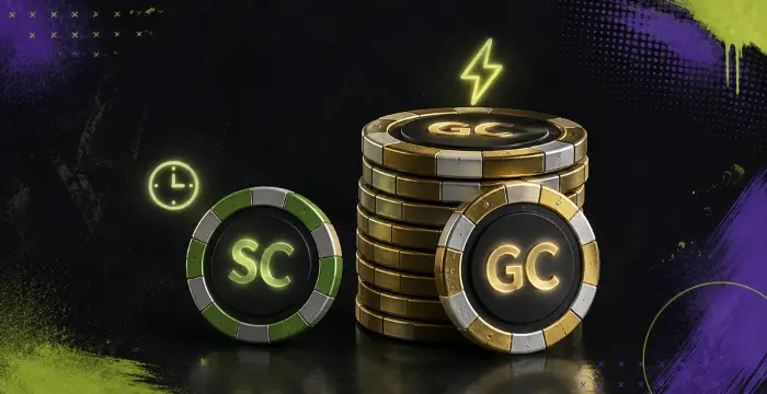 Stacks of gold GC chips and green SC chip with clock and lightning bolt icons