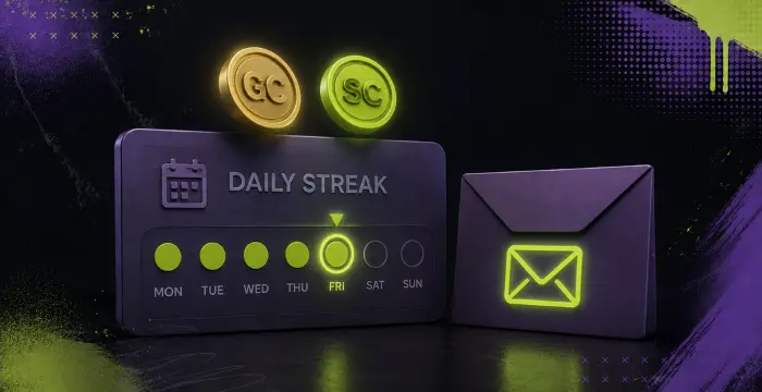 Daily sweepstakes login streak with Gold Coins, Sweeps Coins and mail rewards