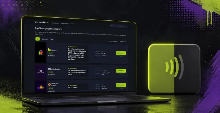 Laptop displaying Top Sweepstakes Casinos with contactless pay icon