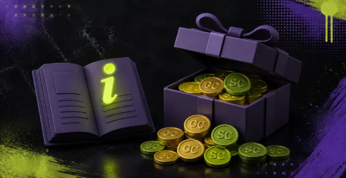 Open info book with glowing “i” next to gift box overflowing with GC and SC coins