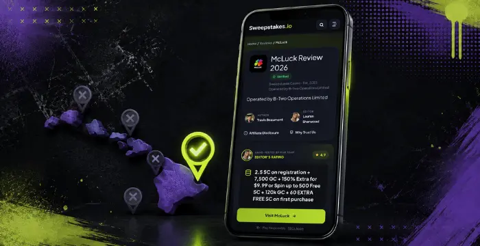 Phone showing McLuck Review 2026 beside Hawaii map with location pins and checkmark