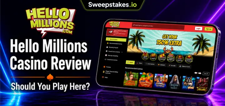 Hello Millions Casino review banner with mobile casino lobby and sweepstakes branding.