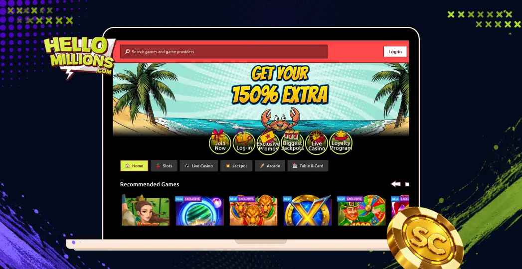 Hello Millions desktop lobby screen with SC coin and promo banner.