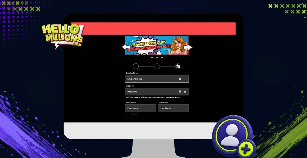 Hello Millions registration screen with desktop sign-up form and user icon.