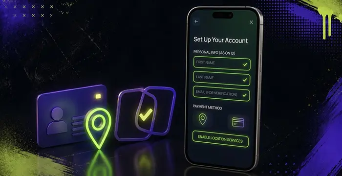 Account setup image with phone form, location pin, and profile cards.