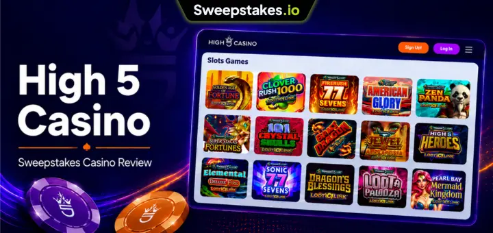 High 5 Casino review banner with game grid and sweepstakes branding.