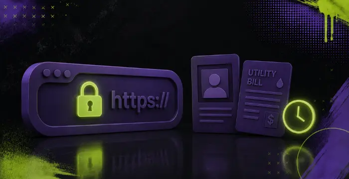 Secure casino access with HTTPS lock, ID verification and utility bill