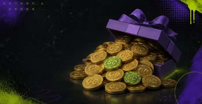 Sweepstakes casino gift box with Gold Coins and Sweeps Coins rewards