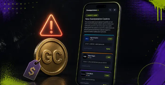 New sweepstakes casinos list with Gold Coin bonus and warning icon