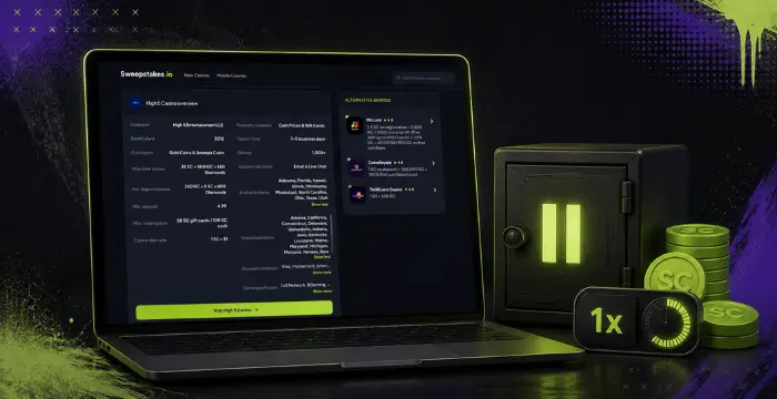 Sweepstakes casino overview with secure vault, 1x playthrough and Sweeps Coins