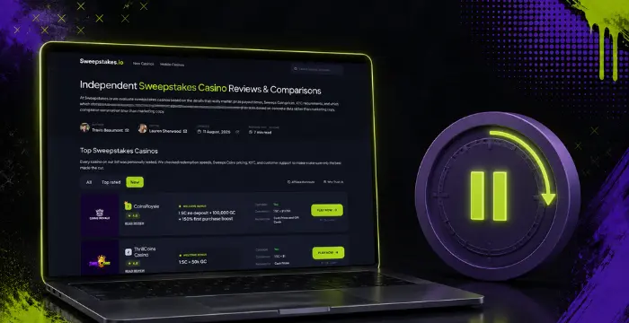 Sweepstakes casino reviews and comparisons with pause and refresh controls