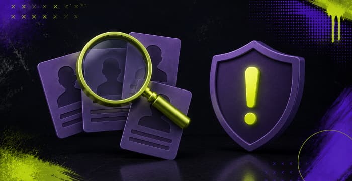 Identity verification check with user profiles and security warning shield