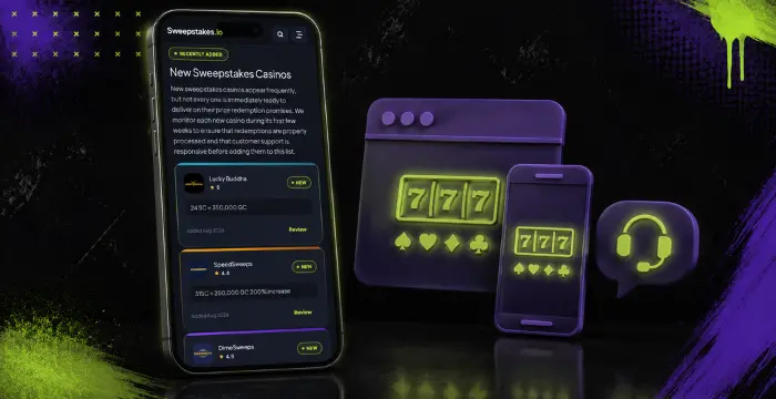 New sweepstakes casinos on mobile and desktop with slot games and support icon