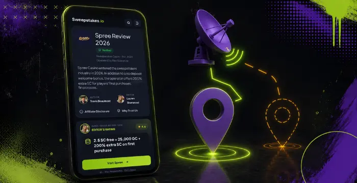 Phone displaying Sweepstakes.io Spree Review 2026 with satellite map