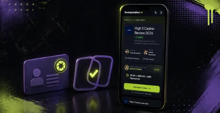 Phone displaying High 5 Casino Review 2026 beside ID card and checkmark cards