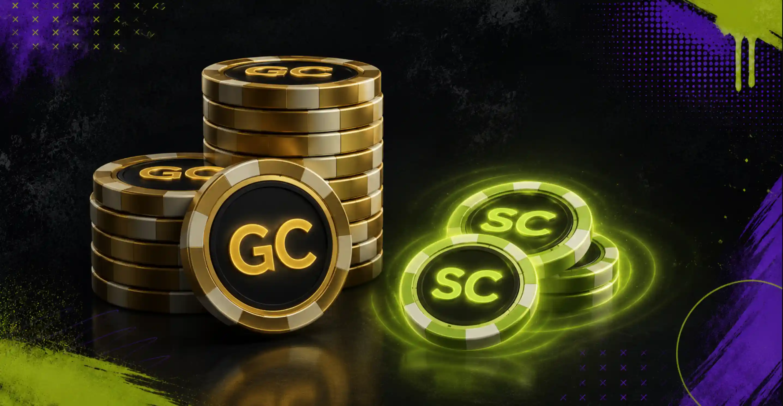Stacks of gold GC chips beside glowing green SC poker chips