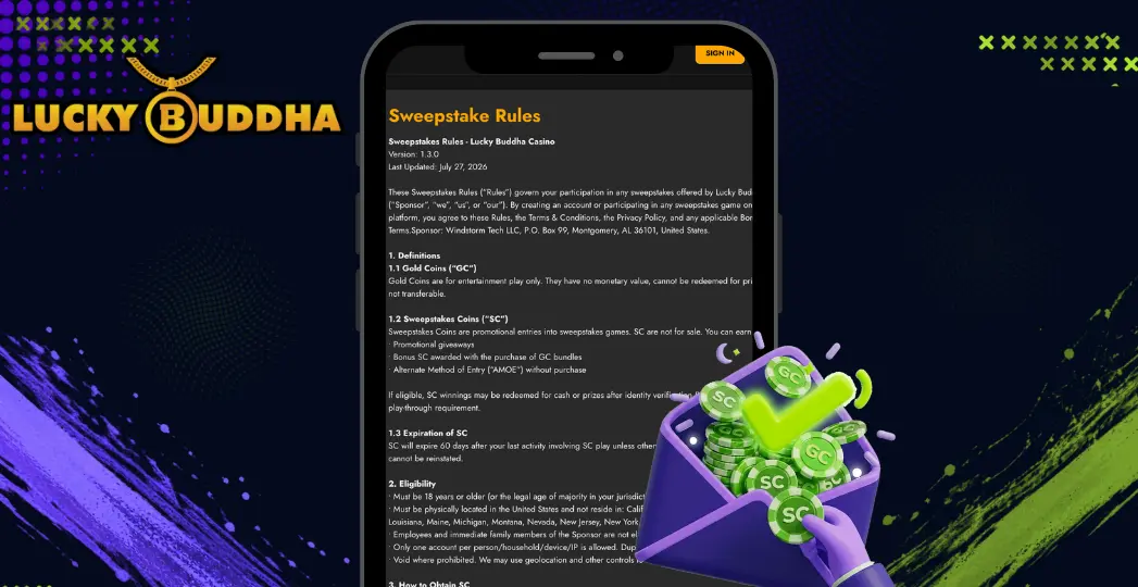 Lucky Buddha sweepstakes rules page on mobile with SC coin envelope.