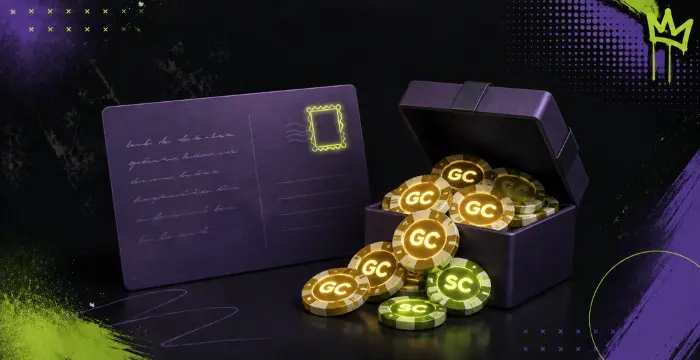 Purple postcard beside open box overflowing with glowing GC and SC coins