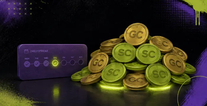 Purple daily streak tracker highlighting Thursday next to pile of gold GC and SC coins