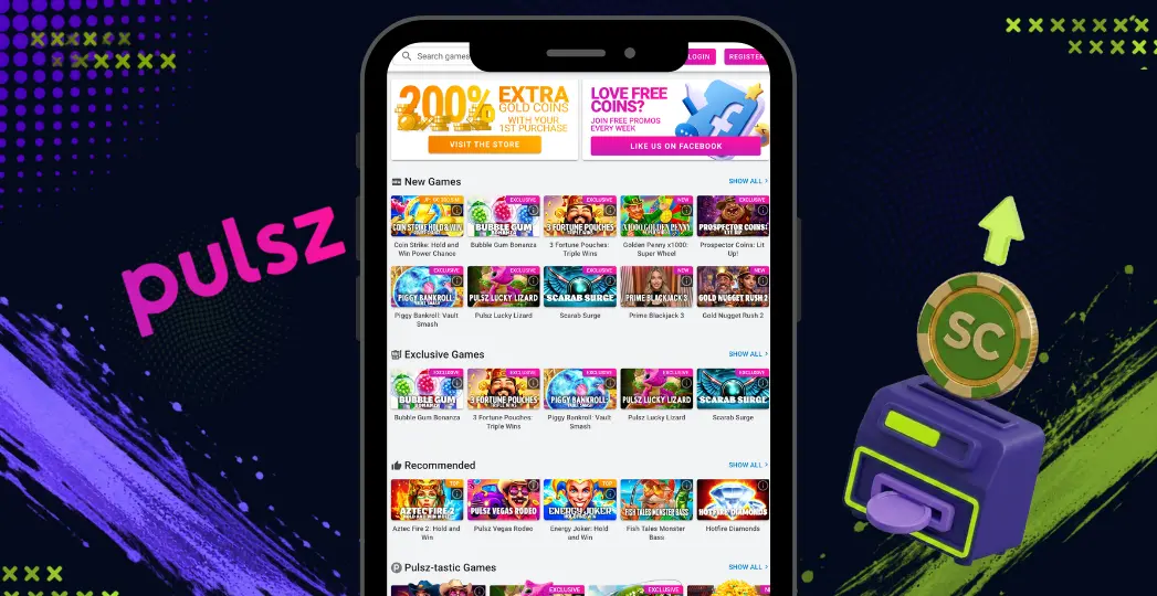 Pulsz mobile game lobby with SC coin and payment icon.
