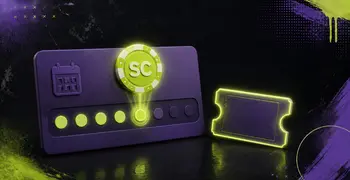 Purple card with glowing SC chip, calendar icon, and green ticket on dark background