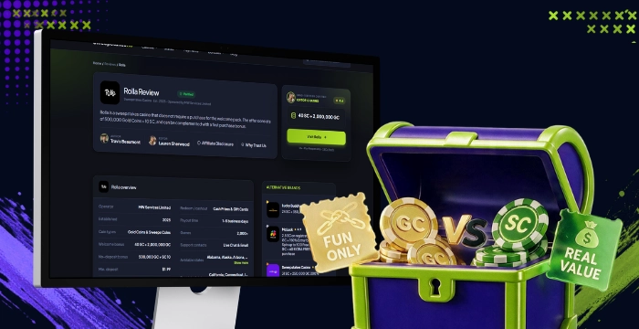 Monitor with Rolla Review beside treasure chest of GC vs SC coins