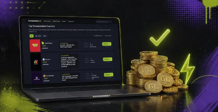 Laptop showing Top Sweepstakes Casinos with pile of gold GC coins