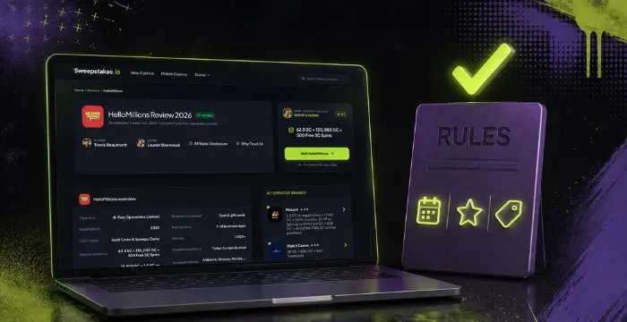 Laptop showing Sweepstakes.io HelloMillions Review 2026 next to Rules book