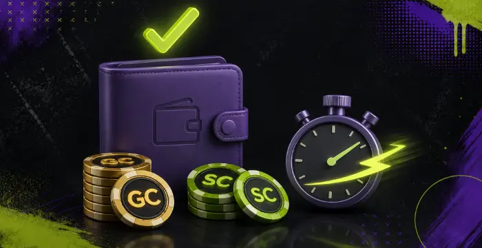 Purple wallet with GC and SC chips next to stopwatch and checkmark