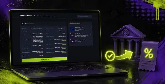 Laptop showing Sweepstakes.io McLuck overview next to bank, checkmark arrow, and percent receipt