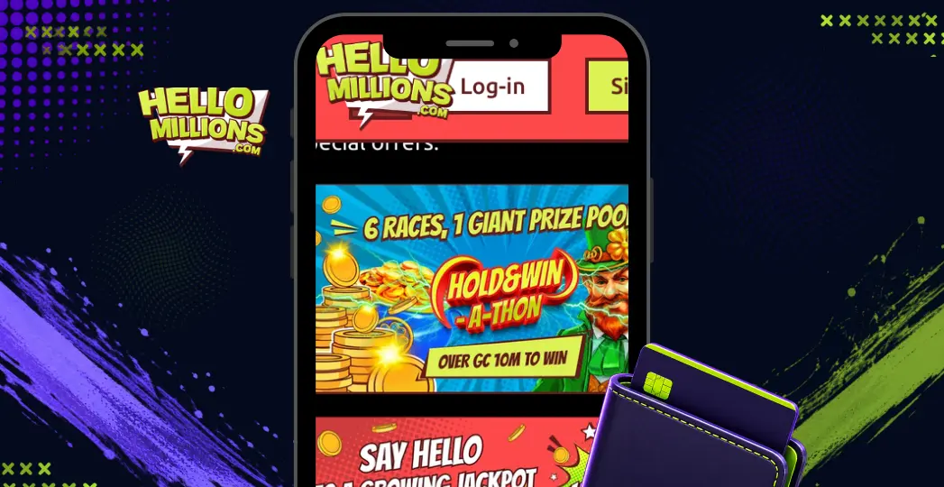 Hello Millions mobile lobby screen with wallet and payment card.
