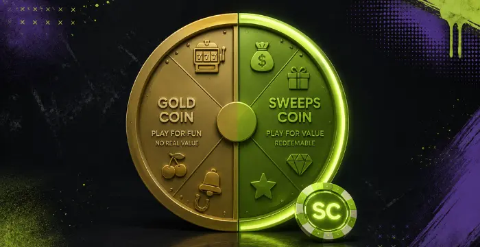 Split wheel of Gold Coin (play for fun) and Sweeps Coin (redeemable) with SC chip
