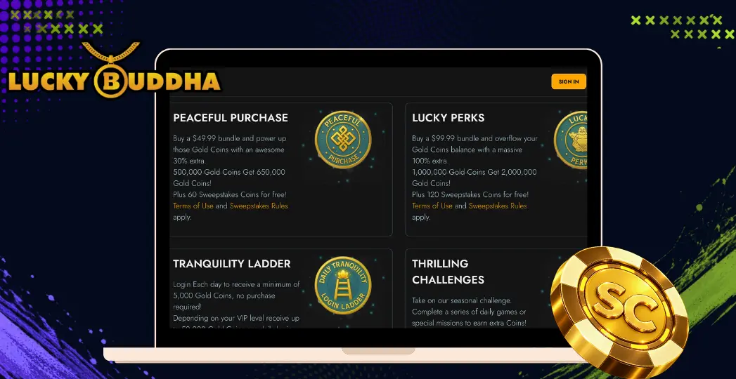 Lucky Buddha purchase offers page on desktop with gold SC coin.
