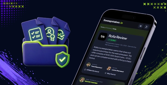 Phone showing Rolla Review with verified documents folder and shield