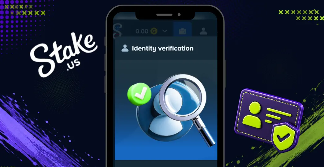 Stake.us identity verification screen with phone, KYC tag, and checkmarks.