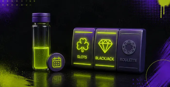 Green potion bottle next to Slots, Blackjack, and Roulette game buttons