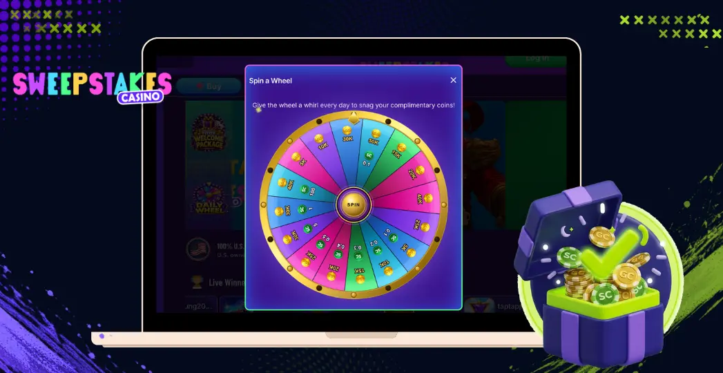 Sweepstakes Casino spin wheel popup with bonus chest icon.