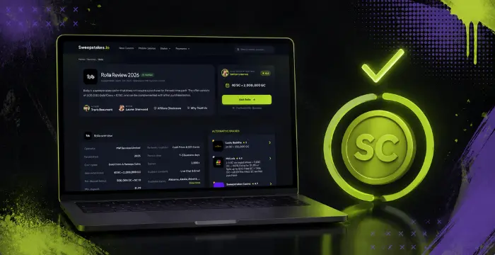 Laptop showing Sweepstakes.io Rolla Review 2026 with glowing SC check