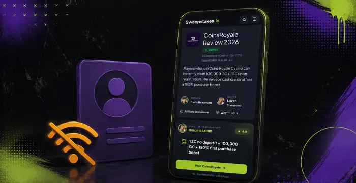 Phone displaying CoinsRoyale Review 2026 with no-WiFi ID card