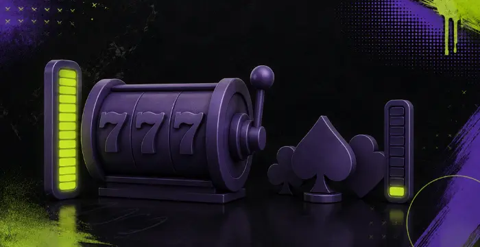 Purple slot machine showing 777 with progress bars and spade/club card symbols