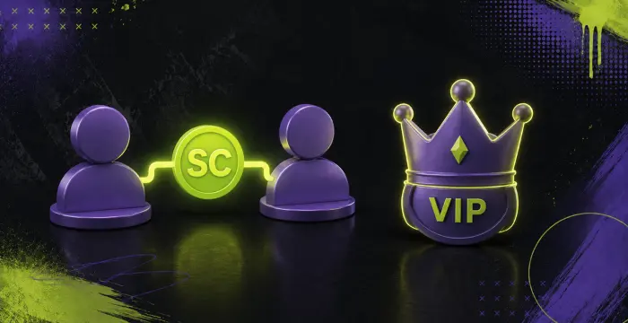 Two purple user icons linked by SC coin beside glowing VIP crown badge