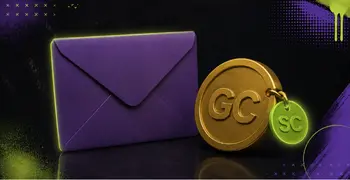 Purple wallet next to gold GC coin with green SC tag