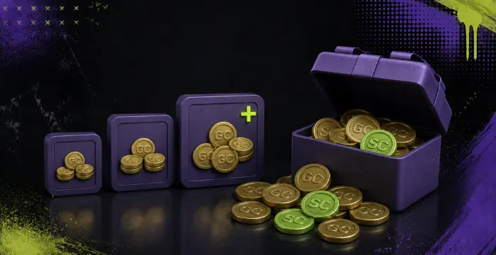 Purple boxes of GC coins leading to open chest of GC and SC coins