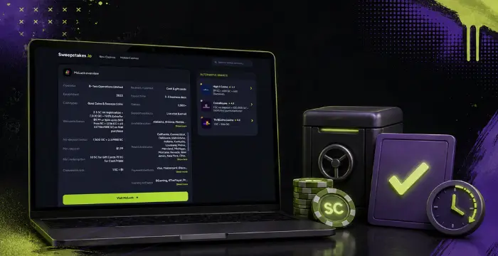 Laptop showing Sweepstakes.io casino details next to safe, SC chips, checkmark, and clock
