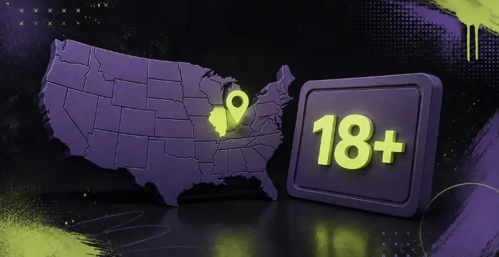 Purple US map with pin on Illinois next to glowing 18+ age restriction card