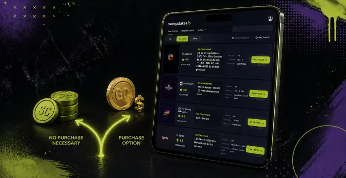 Sweepstakes casino coin options with no-purchase and purchase paths