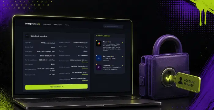 Sweepstakes casino account security with review details and account holder verification