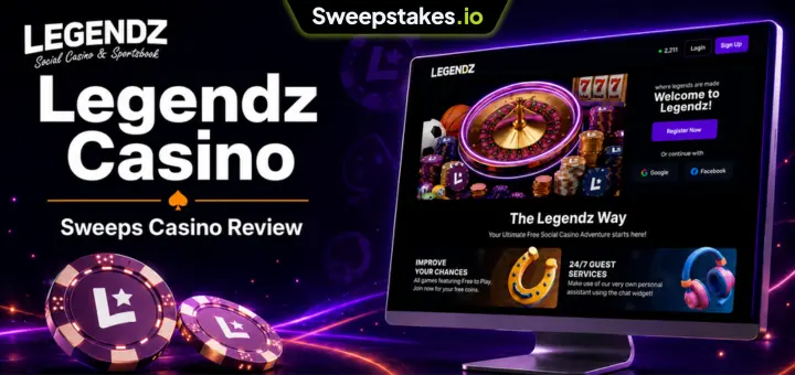  Legendz Casino review banner with purple chips and desktop casino homepage.