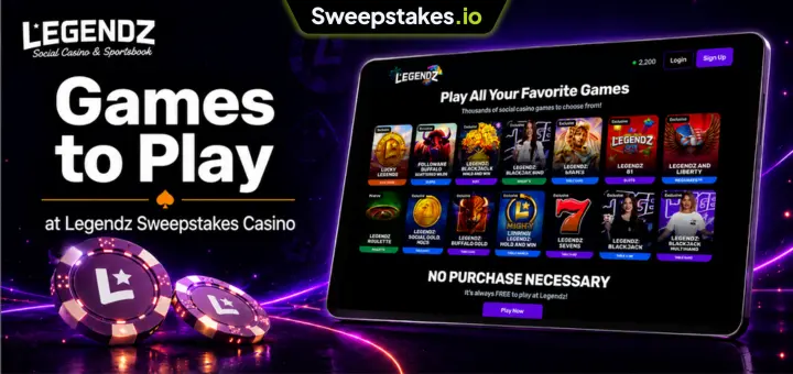 Legendz games banner with casino game grid and purple sweepstakes branding.