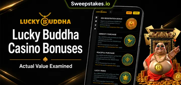 Lucky Buddha bonuses banner with mobile offers, mascot, and gold coins.